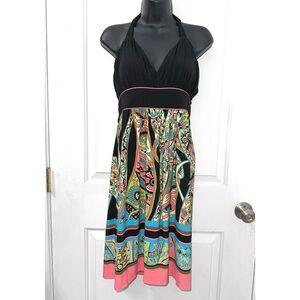 Snap Y2K black halter-neck dress with a colorful paisley print